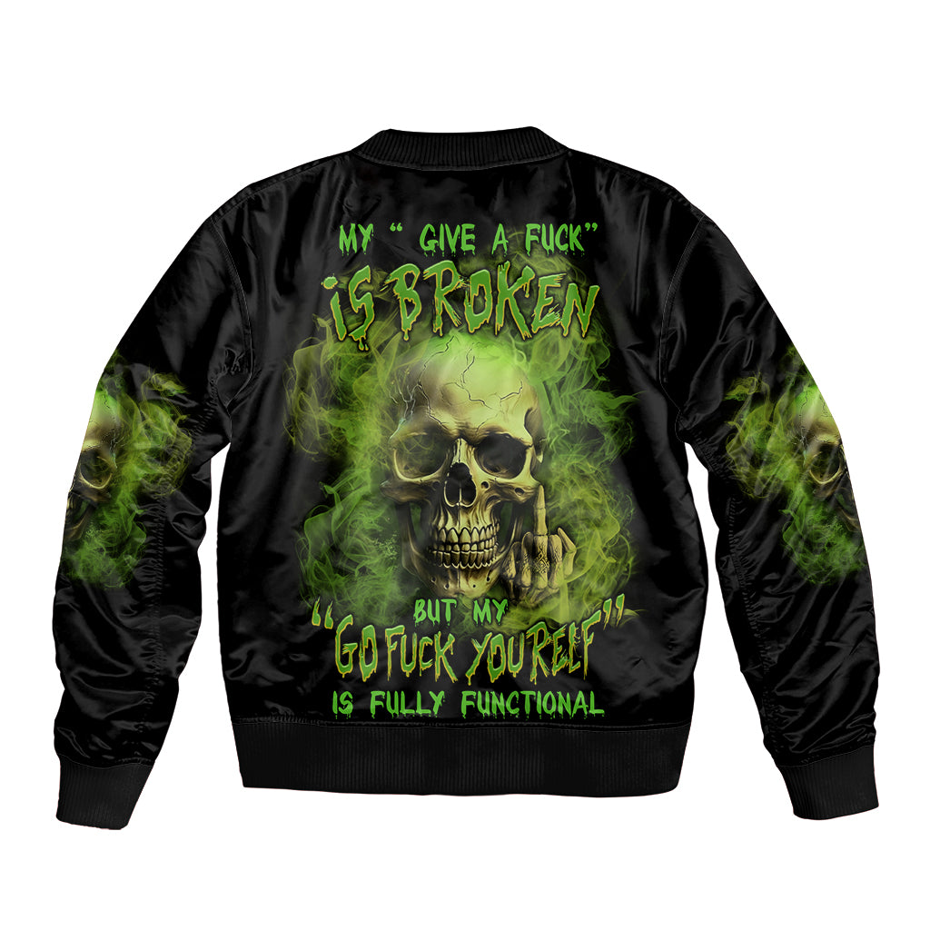 Black bomber jacket with broken skull back graphic, ribbed collar, and elastic cuffs