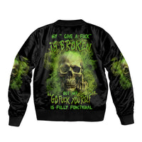 Black bomber jacket with broken skull back graphic, ribbed collar, and elastic cuffs