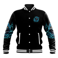 Black snap-front varsity jacket with blue pocket emblem and ribbed striped cuffs