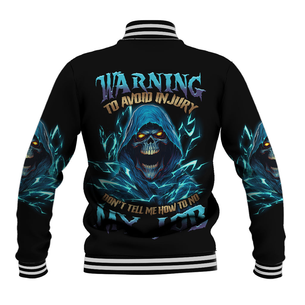 Black baseball jacket with blue skull graphic and striped ribbed collar cuffs