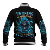 Black baseball jacket with blue skull graphic and striped ribbed collar cuffs