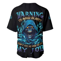 Black baseball jersey with blue skull “Warning to avoid injury” back graphic