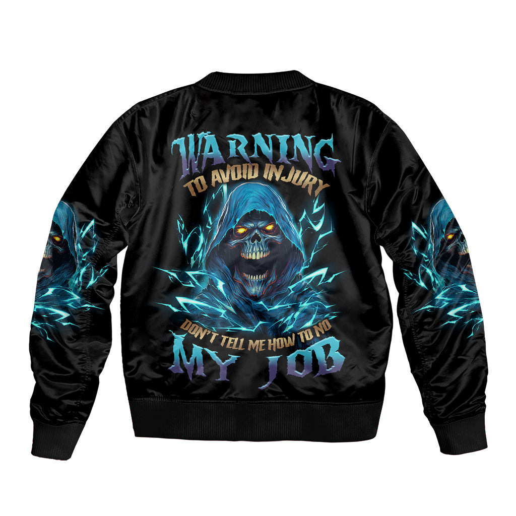 Black bomber jacket with blue skull back graphic and ribbed cuffs and hem