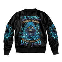 Black bomber jacket with blue skull back graphic and ribbed cuffs and hem