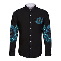 Black long-sleeve button shirt with blue skull flame pocket print on front