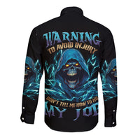 Black long-sleeve button shirt with blue skull warning graphic, back view