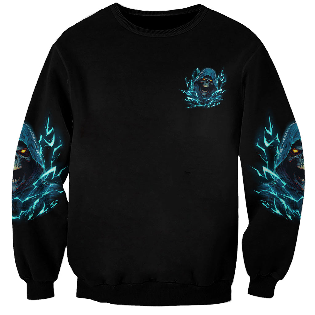 Unisex black sweatshirt with small blue skull emblem on chest and sleeve lightning