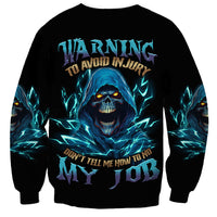 Unisex black sweatshirt with blue skull warning graphic and lightning sleeves