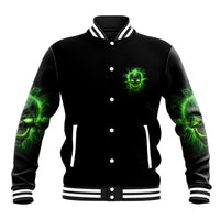 Unisex black baseball jacket with green skull chest graphic, button front, striped ribbed cuffs