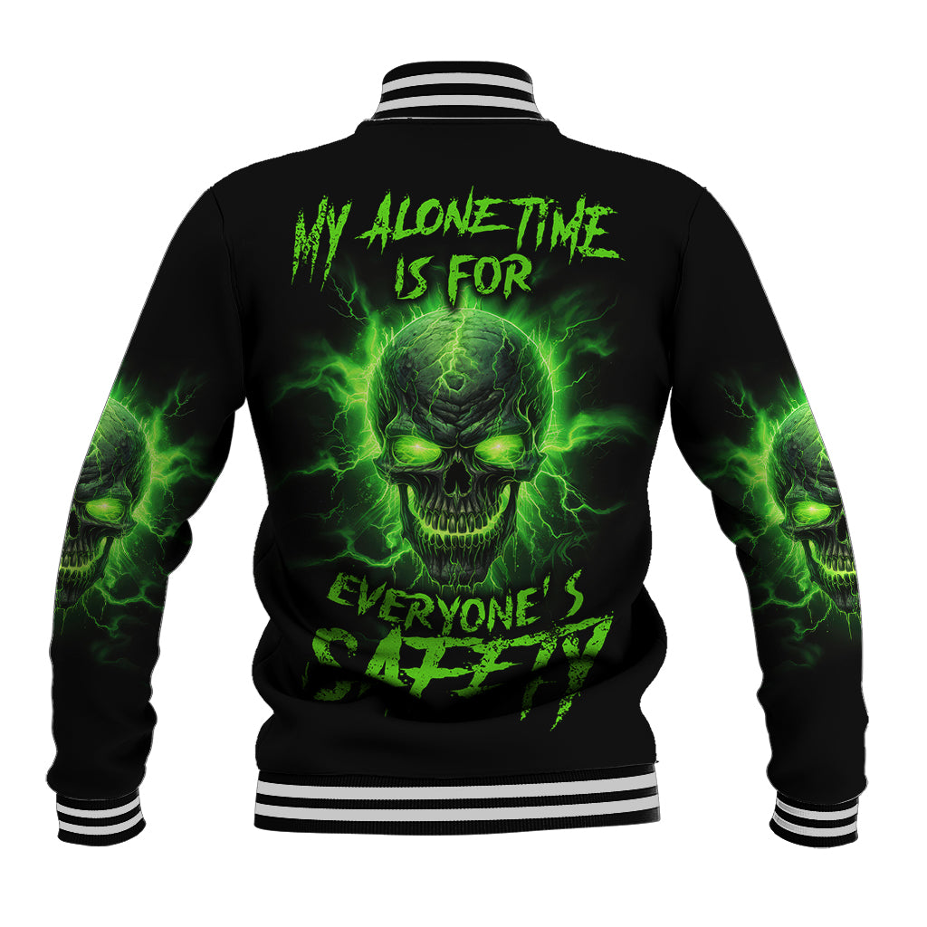 Unisex black baseball jacket with green skull graphic, striped collar and cuffs, snap buttons