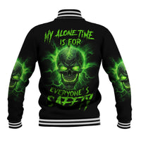 Unisex black baseball jacket with green skull graphic, striped collar and cuffs, snap buttons