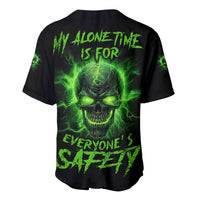 Black baseball jersey with neon green skull graphic and slogan on back