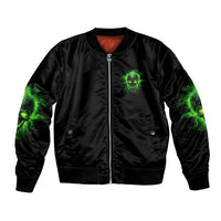 Black unisex bomber jacket with front zipper and neon green skull chest graphic