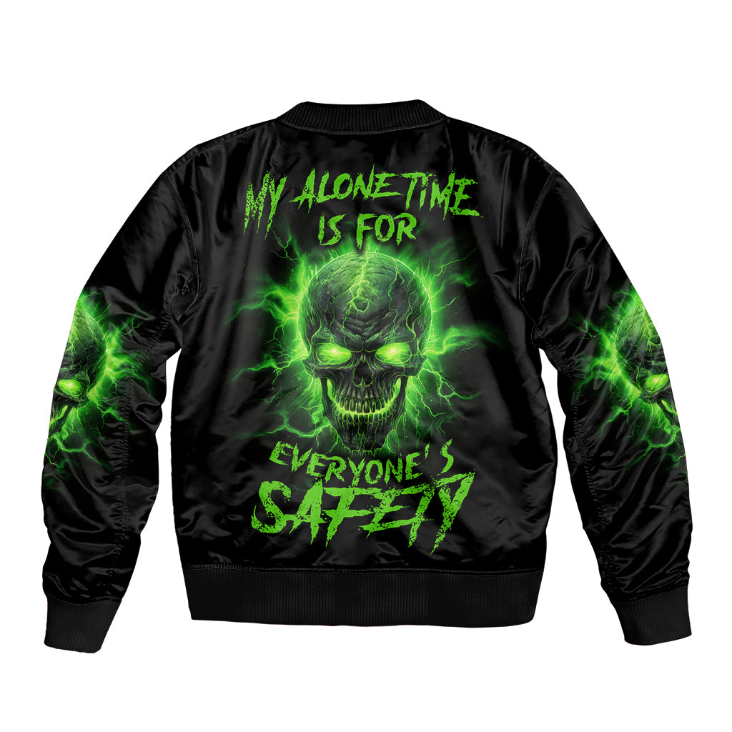 Black bomber jacket with ribbed collar and neon green skull back graphic