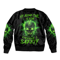 Black bomber jacket with ribbed collar and neon green skull back graphic