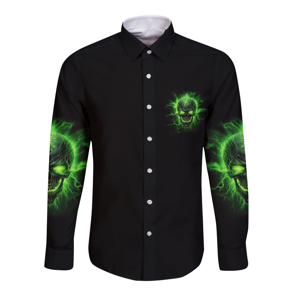 Long-sleeve button shirt with green skull logo pocket and neon sleeve graphics