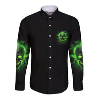 Long-sleeve button shirt with green skull logo pocket and neon sleeve graphics