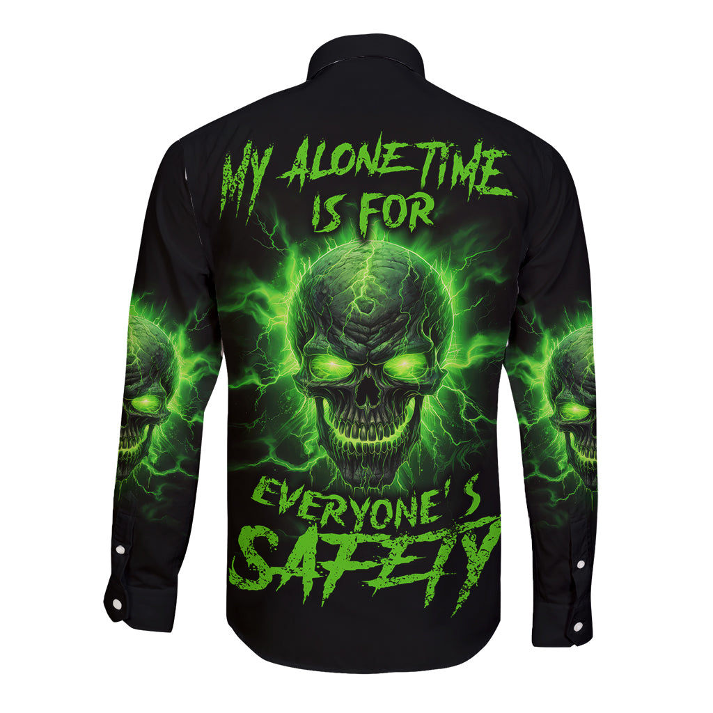 Long-sleeve button shirt with neon green skull graphic on back and flames sleeves
