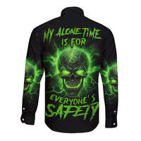 Long-sleeve button shirt with neon green skull graphic on back and flames sleeves