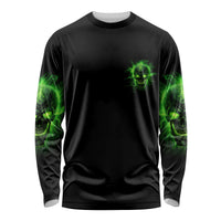 Black long-sleeve shirt with green skull graphic on sleeves and chest