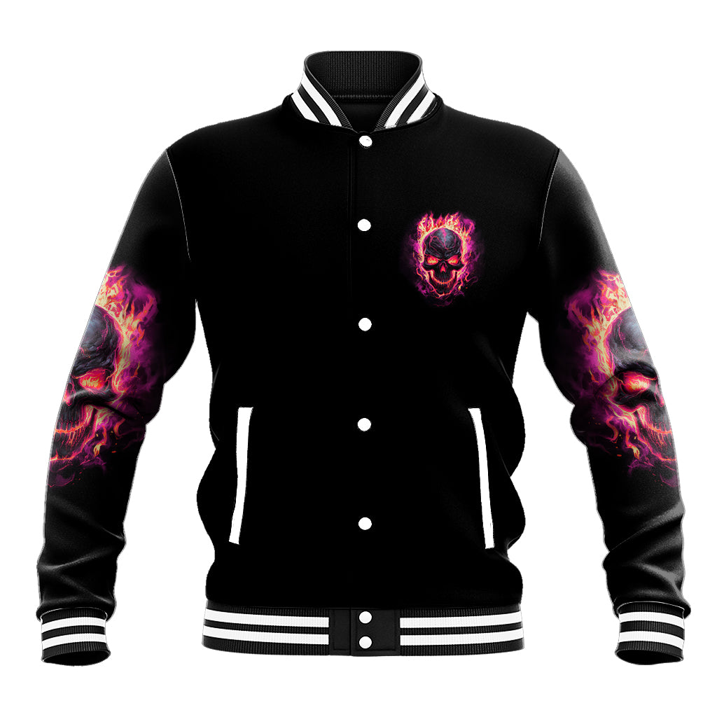 Black unisex varsity baseball jacket with button front, red skull chest patch, striped rib trim