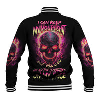Black unisex baseball jacket with colorful skull graphic and striped ribbed collar cuffs