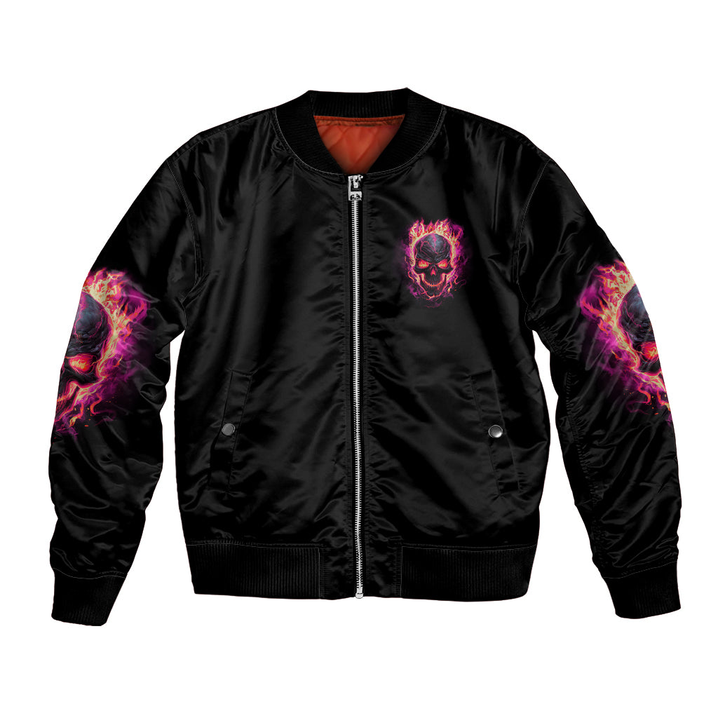 Black bomber jacket with front zipper, neon skull chest graphic, and flame sleeve print