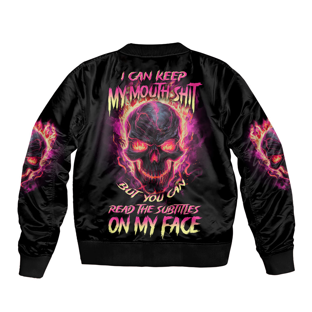 Black bomber jacket with neon skull graphic on back, ribbed collar and cuffs