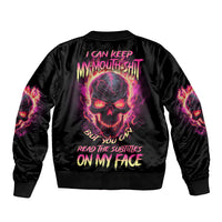 Black bomber jacket with neon skull graphic on back, ribbed collar and cuffs