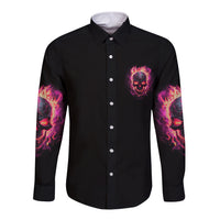 Men's black long-sleeve button shirt with pink neon skull chest graphic and flame sleeves