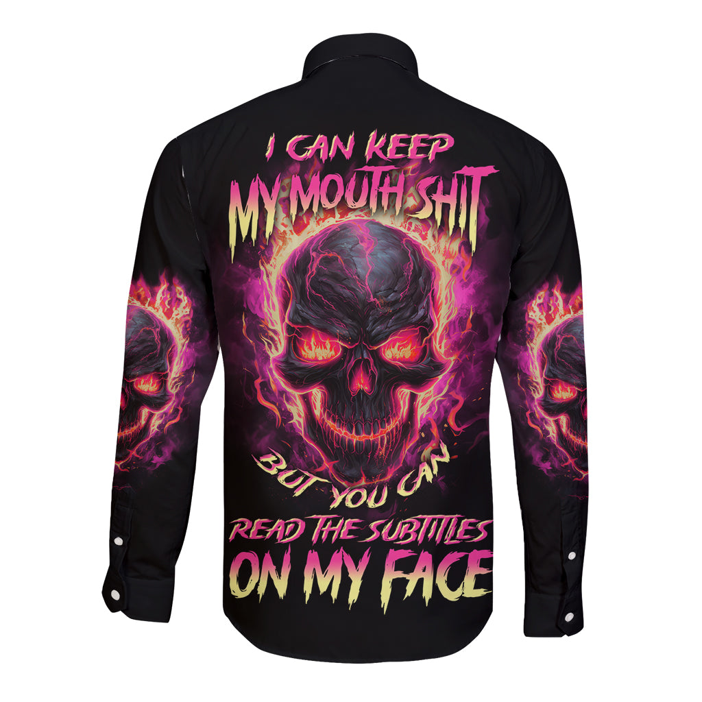 Men's black long-sleeve button shirt with neon skull graphic on back and sleeves