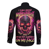 Men's black long-sleeve button shirt with neon skull graphic on back and sleeves