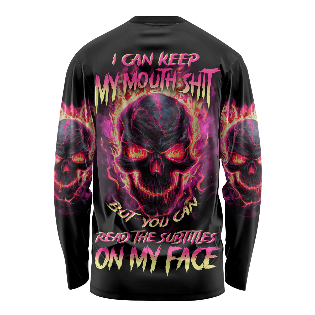 Black unisex long sleeve shirt with neon skull flame graphic on back