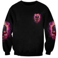 Unisex black sweatshirt with small flaming skull on chest and sleeve flame graphics