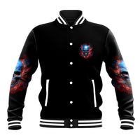 Black baseball jacket with button front, striped cuffs, blue red skull chest print