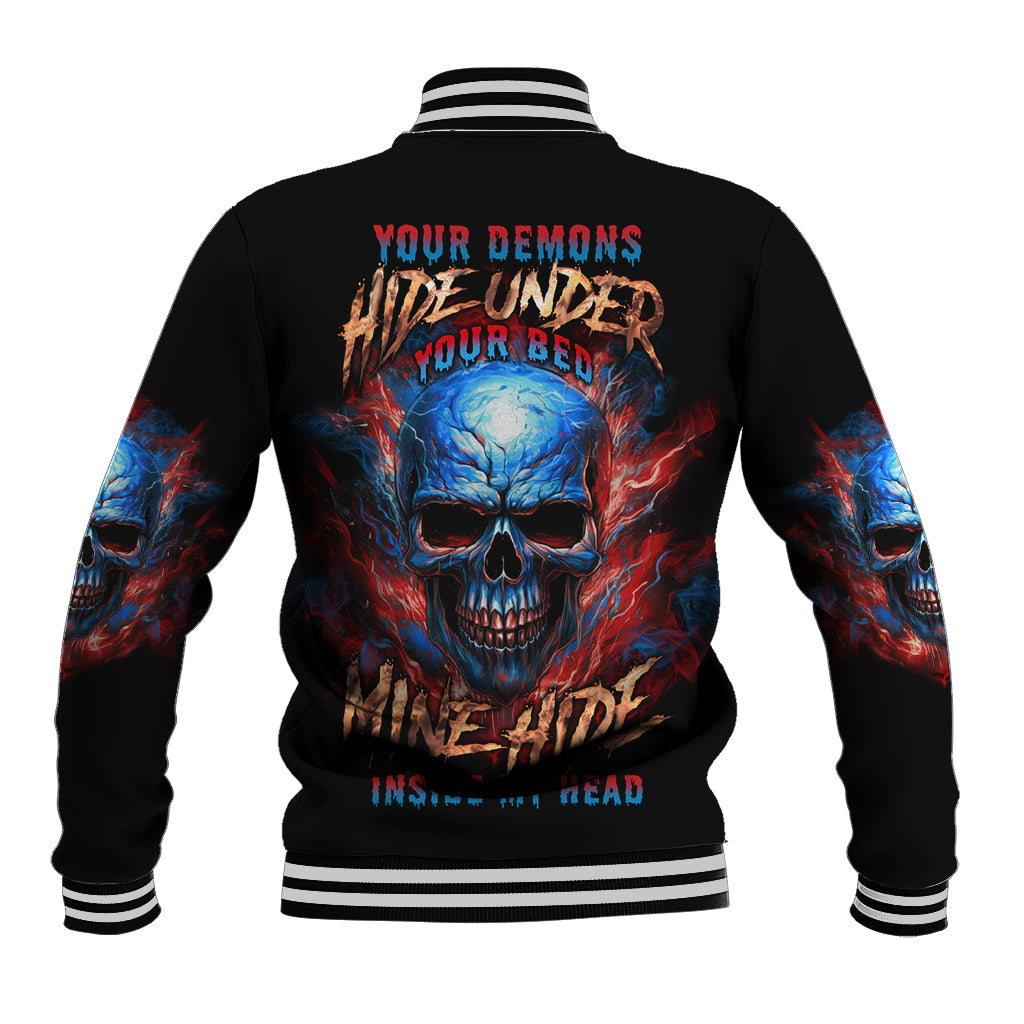 Black baseball jacket with striped collar and large back skull graphic, red blue