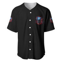 Black baseball jersey with small blue skull graphic on chest, button-front short sleeves.