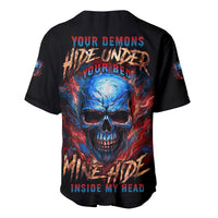 Black baseball jersey with large blue skull graphic on back, button-up style.