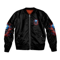 Black unisex bomber jacket with front zipper and small blue skull logo