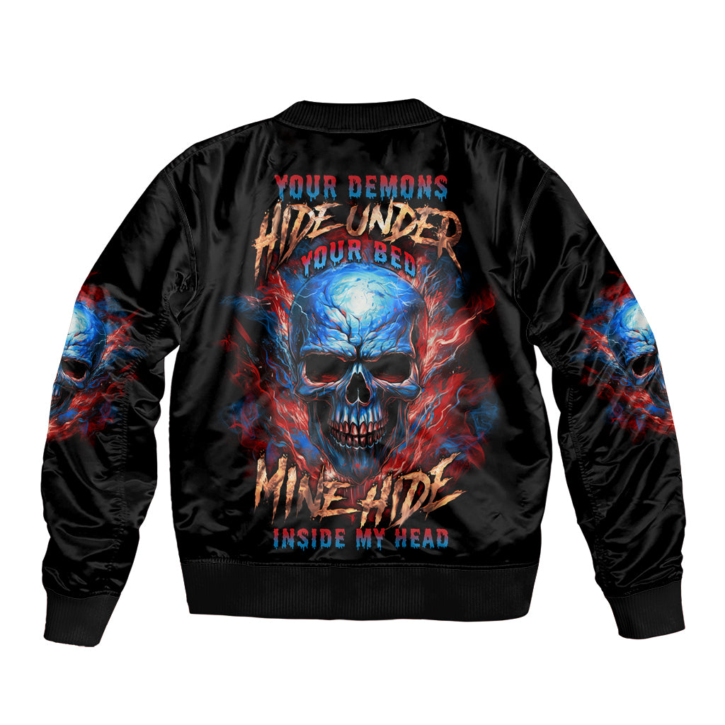 Black unisex bomber jacket with back skull graphic and red-blue flames