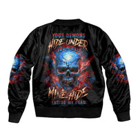 Black unisex bomber jacket with back skull graphic and red-blue flames