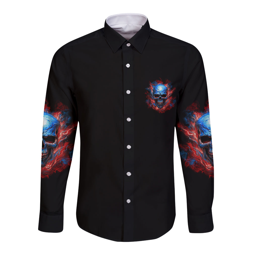 Black long-sleeve button shirt with blue-red skull emblem on chest and sleeve skull art