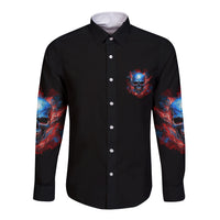 Black long-sleeve button shirt with blue-red skull emblem on chest and sleeve skull art