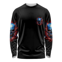 Skull graphic long-sleeve shirt with small chest print and sleeve skull panels, dark