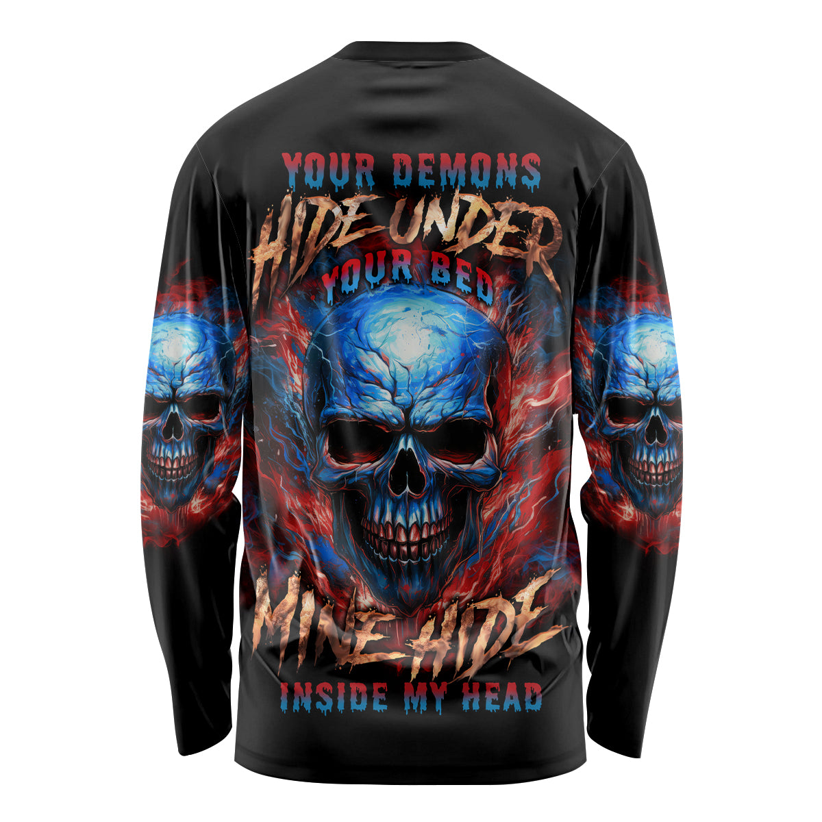 Skull graphic long-sleeve shirt with blue and red back print, dark base