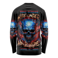Skull graphic long-sleeve shirt with blue and red back print, dark base