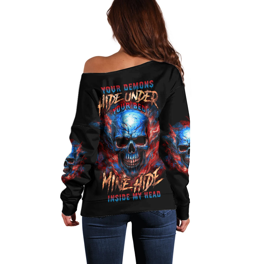 Your Demons Hide Under Your Bed Skull Off Shoulder Sweater - Wonder Print Shop