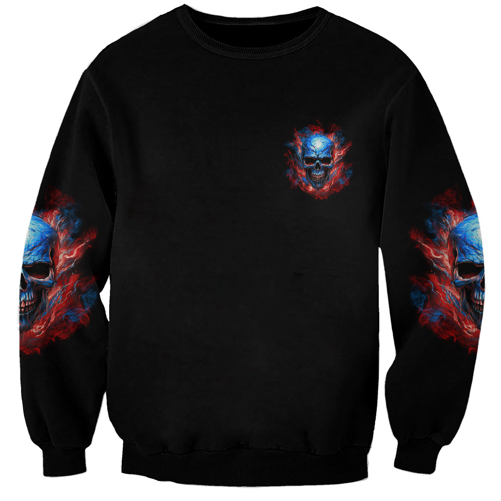Skull sweatshirt, black with small front skull graphic and sleeve flames