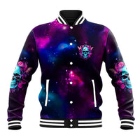 Multicolor galaxy baseball jacket with skull-flower graphic, snap button front and striped collar