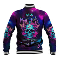 Multicolor galaxy skull baseball jacket with roses and butterfly, striped varsity cuffs